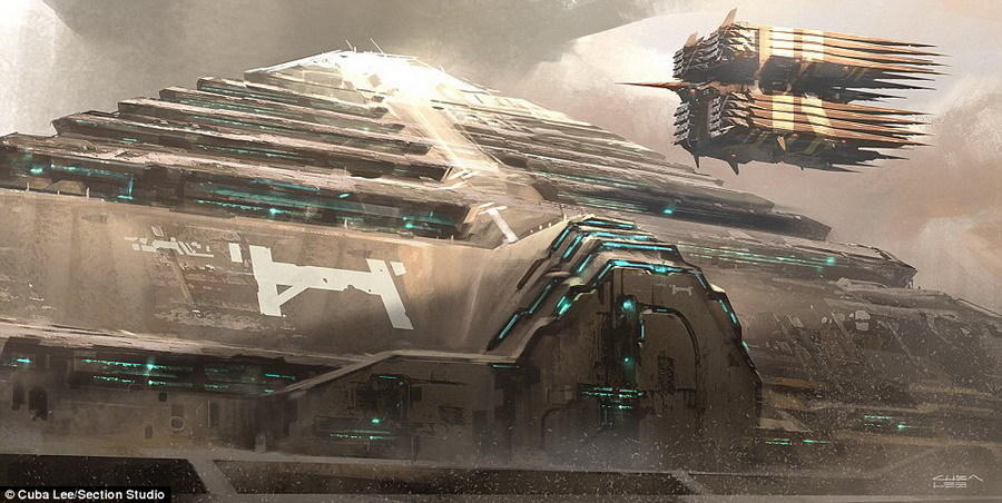 这是库巴-李描绘的未来人类太空指挥舰,其形状类似于金字塔。未来人类在太阳系内其它星球建立生活基地的第一步是在小行星采矿。