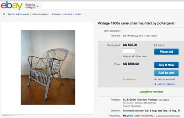 澳洲墨尔本男子在eBay拍卖一张“鬼椅” 称经常在晚上听到哭声