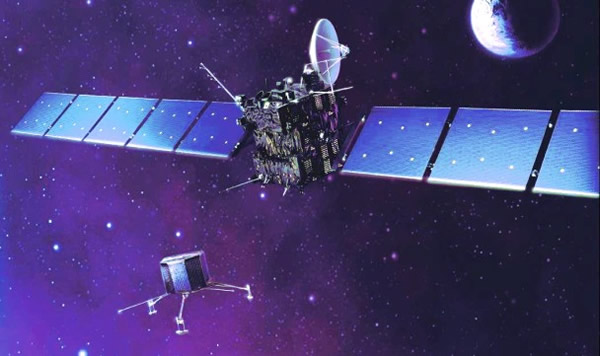 画家笔下探测船向彗星放下登陆器情景