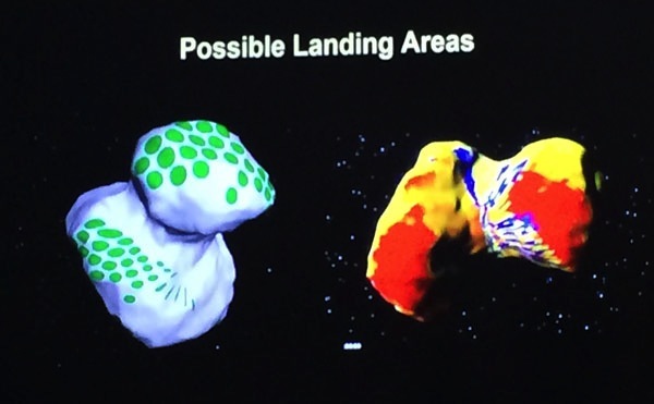 科学家们展示的为菲莱着陆器挑选的备选着陆区域(图中以绿色圈出的区域)。其他颜色代表的是亮度的不同,红色代表亮度最高。