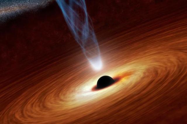 艺术家绘制的超大质量黑洞周围辐射环境,黑洞两极释放出现强烈的喷流