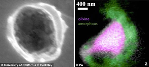 左图展示了星际尘埃撞击“星尘”号飞船铝箔片时留下的小坑，直径大约280纳米。在相当于一根头发的宽度内，科学家发现400个这个撞击坑。右图展示了带有结晶质矿物橄榄