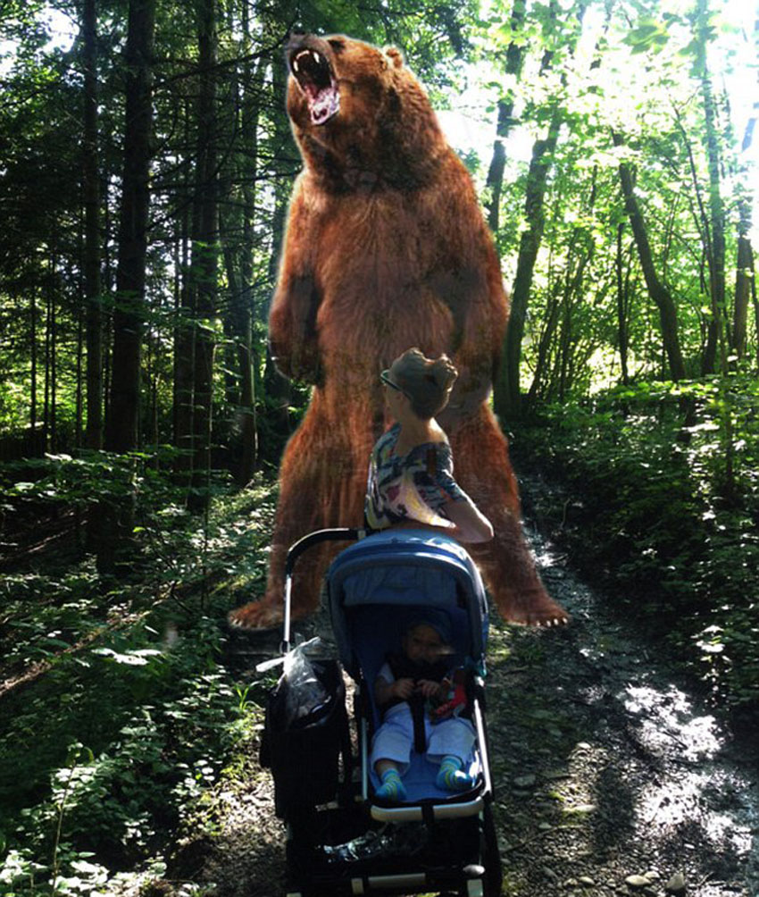 瑞士夫妻合成趣味魔幻照片:照看孩子时遇到恐龙飞碟外星人