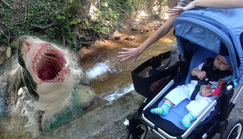 瑞士夫妻合成趣味魔幻照片:照看孩子时遇到恐龙飞碟外星人