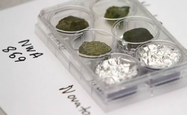 2013年3月9日,在南诺瓦托图书馆举办的一场有关近期全球各地新发现陨石的讲座上展出的小块陨石样品