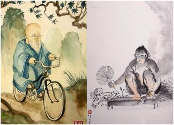 网民附上收藏多年的《老寿星锻炼图》(左)及《乾隆微服私访啤酒烤串图》(右)给大家鉴赏。