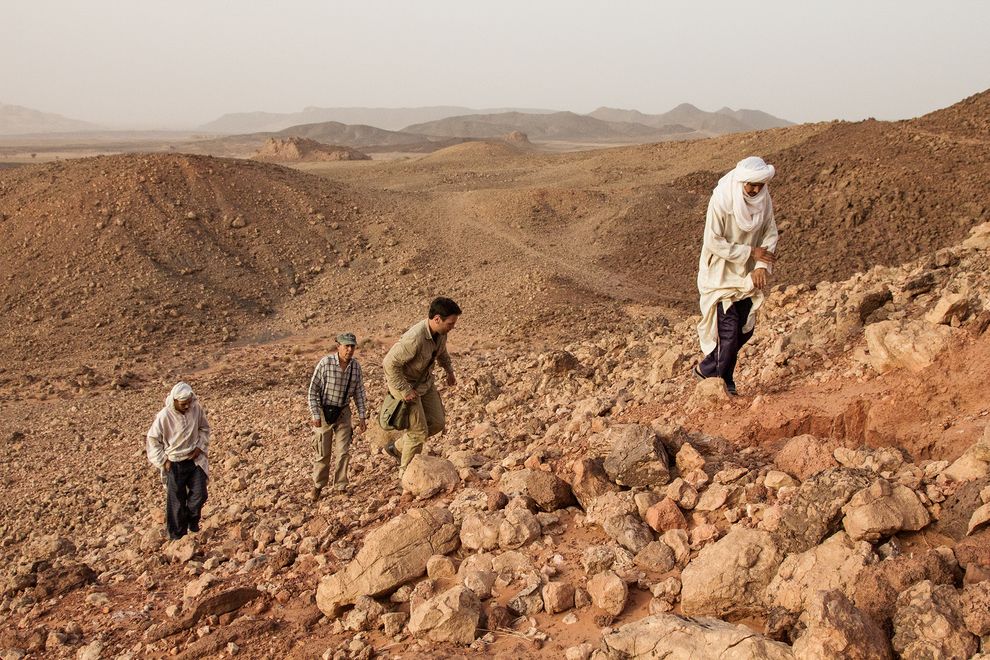 国家地理学会2014年的新锐探检家尼札尔・伊布拉希姆(右二),与团队成员登上在摩洛哥的化石发掘基地。摄影:KAT KEENE HOGUE
