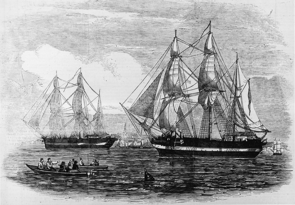 约翰・法兰克林爵士于19 世纪中叶带领「埃勒布斯号」与「恐惧号」出发寻找西北航道，却不幸失踪。如今其中一艘船在北冰洋现踪。插画：London Ne