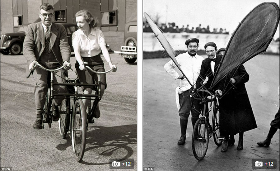 左图是一对情侣骑着并排式双人自行车;右图是设计的一款有翼自行车,试图在空中飞翔。