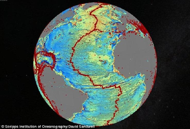 这张地图展现了北大西洋中的山脊。红点标注了地震的位置,同样也就代表着地质构造边界的位置。