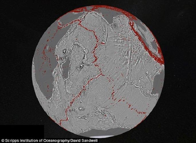这是另一张以印度洋三向连接构造为中心的垂直重力梯度图片,同样用红色点标注出了地震的位置。图片中的三大主要板块构造分别为:非洲板块(左)、印度-澳大利亚板块(右)