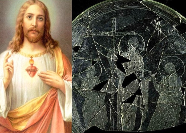 玻璃碟中刻划无胡须耶稣(右图中),颠覆世人熟悉的耶稣形象(左)。