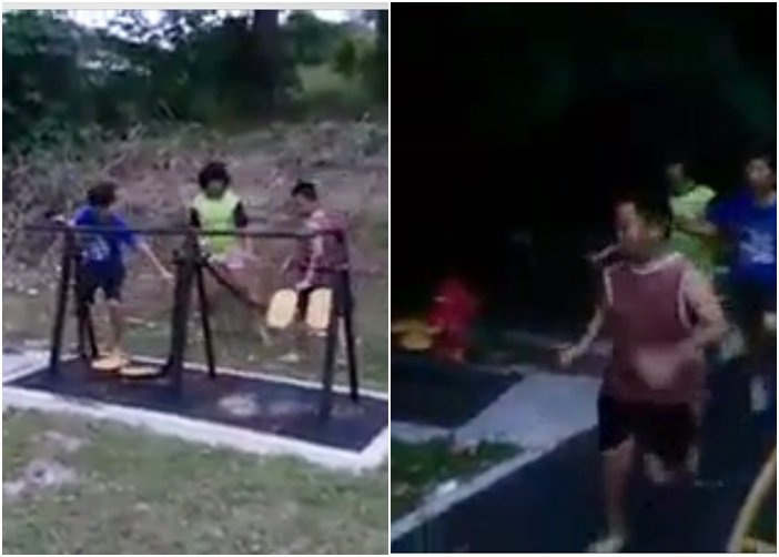 脚踏板与摇摇马自行摆动,吓得小孩拔腿狂奔。