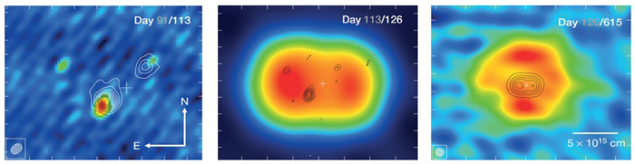 ͼ1��٤����������V959 Mon�����۲�ͼ���� ٤�����߱������91�죨��ֵ������ͼ����113�죨α��ɫͼ�񣩵�EVN�۲⵽�ĸ�����������ſ飻�У���1