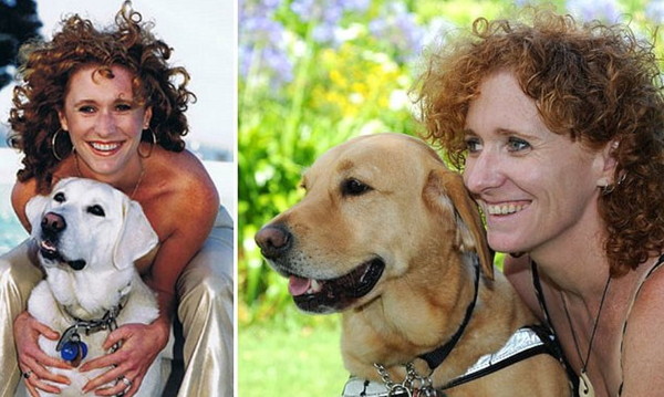 重见光明的丽莎为「新西兰失明人基金会」担任志工。图左跟她合照是她的导盲犬亚美。