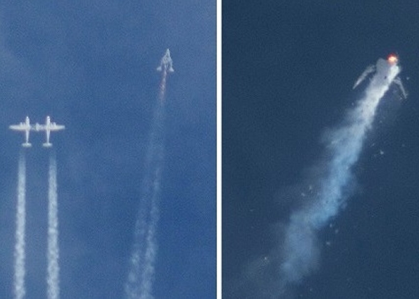 太空船二号脱离母船白骑士二号(左图),太空船二号其后爆炸坠毁(右图)。