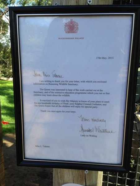 女王的回信被以木板表框,立在鸟笼外。