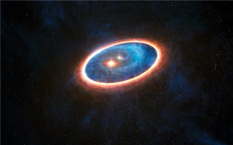 这张艺术家印象图显示了环绕三星系统GG Tau的尘埃气体