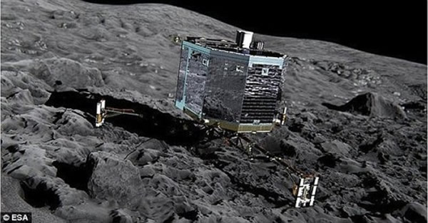 艺术想象图:着陆在彗星表面的菲莱着陆器。11月12日菲莱将尝试登陆彗星。在此之前整整9年——2005年的11月12日,日本“隼”号探测器着陆一颗小行星的努力失败