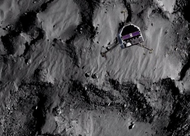 在模拟图片中菲兰与“罗塞塔号”分离后,缓缓登陆彗星表面。