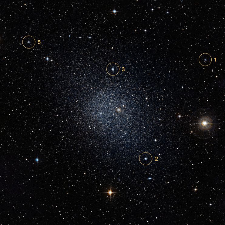 相伴银河的天炉座矮星系(Fornax dwarf galaxy)是球状星团(圈选处)的家乡。摄影:ESO/DIGITIZED SKY SURVEY 2