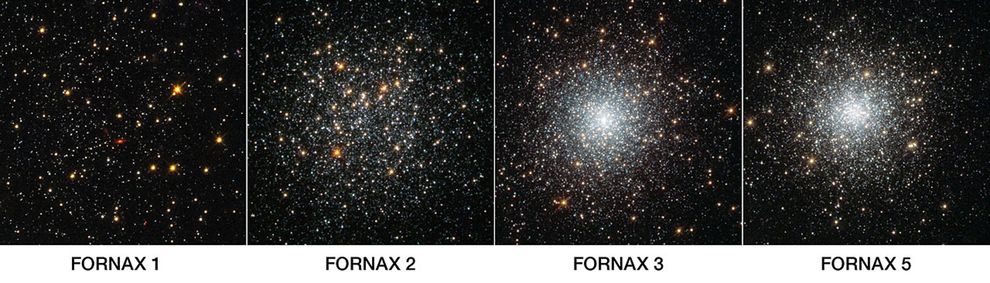 这些哈勃望远镜观测到的影像,显示了天炉座矮星系中的四个球状星团。摄影:NASA, ESA, S. LARSEN (RADBOUD UNIVERSITY, THE