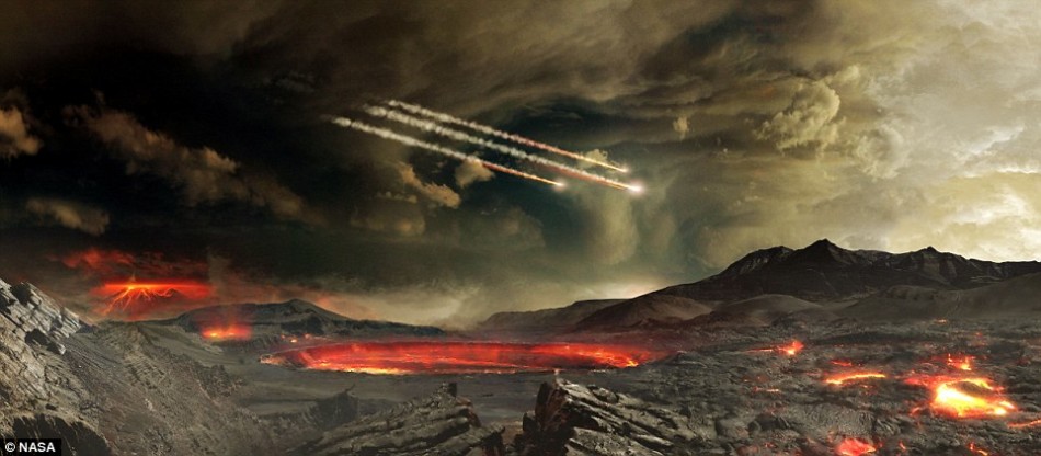 艺术示意图,展示的是早期地球遭受小行星撞击的场景。科学家们认为这样的撞击事件可能为地球带来了大量的水和有机物质