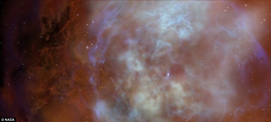 这是展示一处星云区域的示意图。星云是由恒星死亡后释放出的大量的气体与尘埃物质构成的区域,科学家们认为太阳系便是附近空间一颗恒星的死亡爆发造成了星云扰动失稳并进一