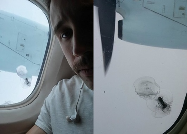 Skips_LegDay(左图)乘坐的螺旋桨飞机,机翼一颗螺丝松脱嵌入机窗外层之内(右图)。