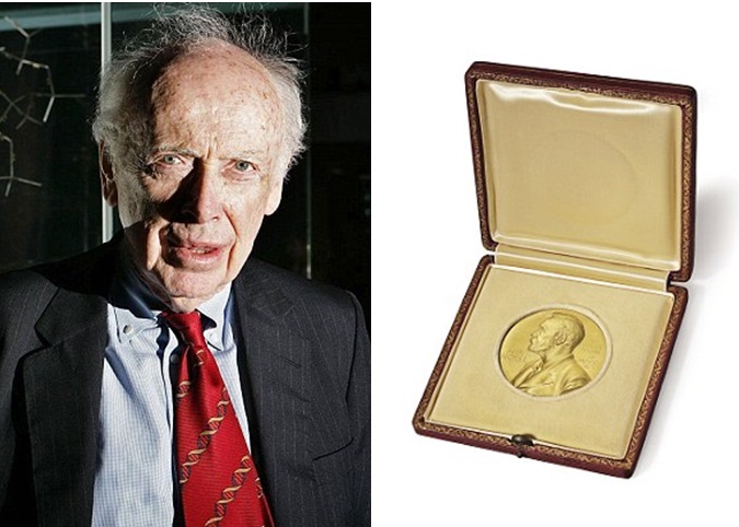 沃森(左)因种族歧视言论失去所有,要拍卖诺贝尔奖牌(右)补贴收入。