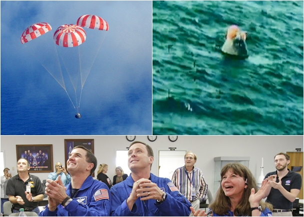 猎户座顺利降落,太空人拍掌叫好。