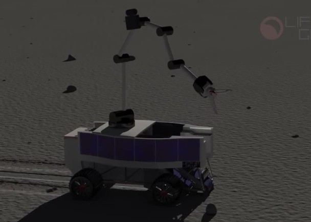 升降机派出数辆配备机械臂的采探车,在月球表面滑行,开采氦3等资源及稀土,运回地球或供太空站使用。