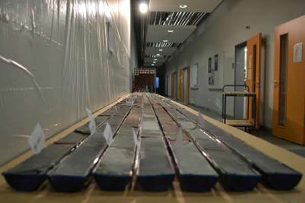 在德国Bremen大学的一个仓库展示的从怀俄明Bighorn盆地钻取然后切开用于研究的沉积物岩芯。由犹他大学地球化学家Gabe Bowen领导的对这些岩芯的一项