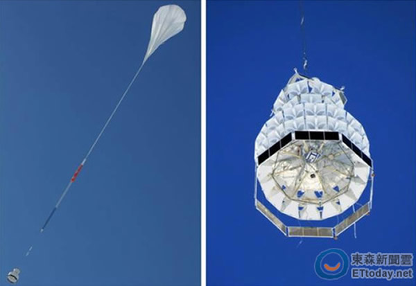 左:高空气球带着ANITA飞上35公里处的高空、右:ANITA侦测器的底部。