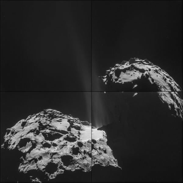 罗塞塔飞船在轨拍摄的67P/丘留莫夫-格拉西缅科彗星，可以隐约看到彗星表面的气体尘埃喷流。