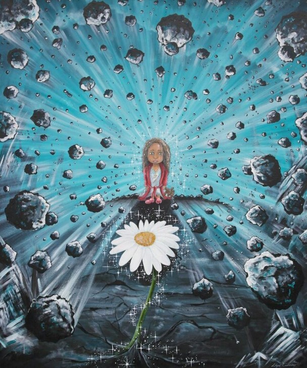 这幅外星画画有一个小女孩,身旁碎石飞溅。