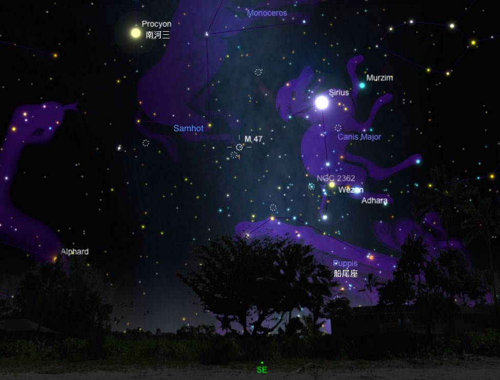 这张天象图上是船尾座与其周围的明亮恒星在东南方天空的景象。绘图:A. Fazekas/SkySafari