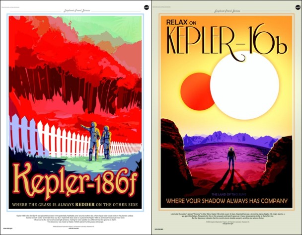 开普勒-186f星球海报(左)及开普勒-16b星球海报(右)。