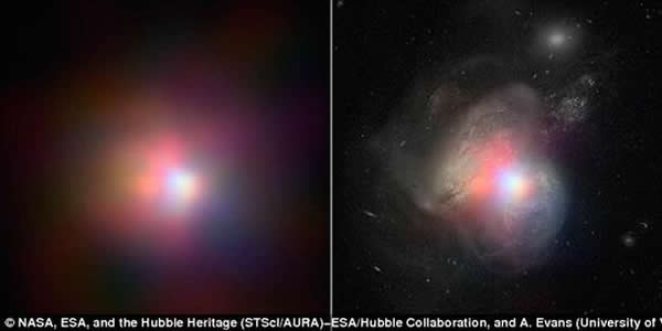 由NuSTAR望远镜提供的最新X射线波段数据,叠加由哈勃空间望远镜拍摄的可见光波段图像,可以清楚地判定位于右侧星系内的黑洞正处于活跃的吸积状态