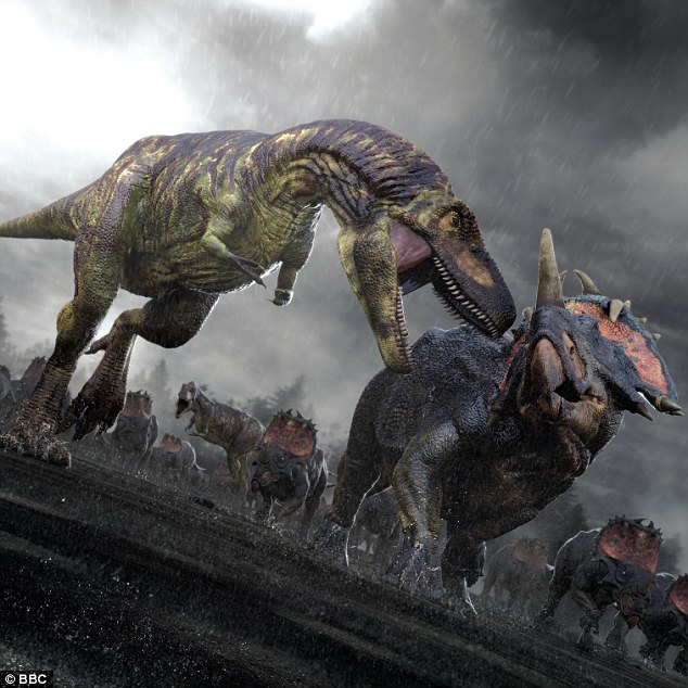 最新研究表明,小行星碰撞地球之前现今欧洲境内曾存活着大量恐龙,如图所示,这是艺术家描绘的白垩纪时期惧龙(左侧掠食者)正在攻击一群刺角龙。