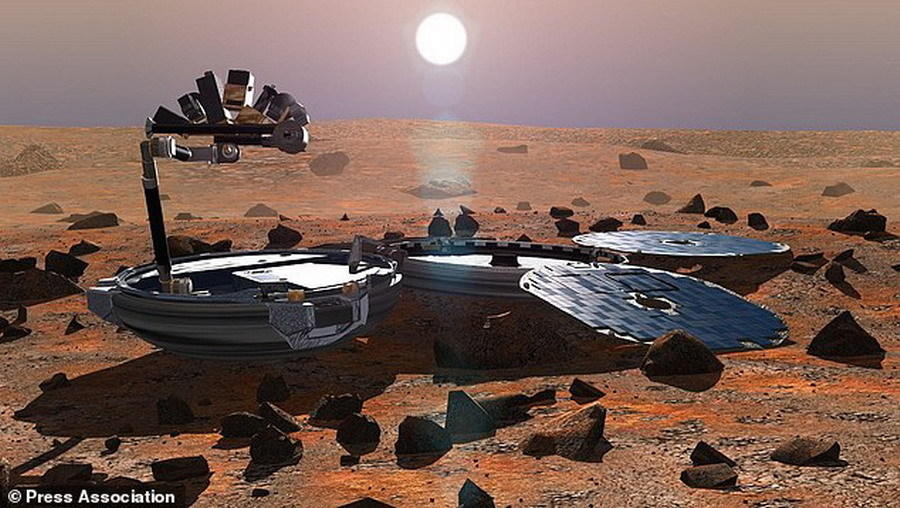 如图所示,这是艺术家绘制的“猎犬兔2号”火星登陆器着陆照片。据悉,2003年6月2日,由英国负责研制的欧洲第一颗火星登陆器“猎犬兔2号”搭载“火星快车”发射升空