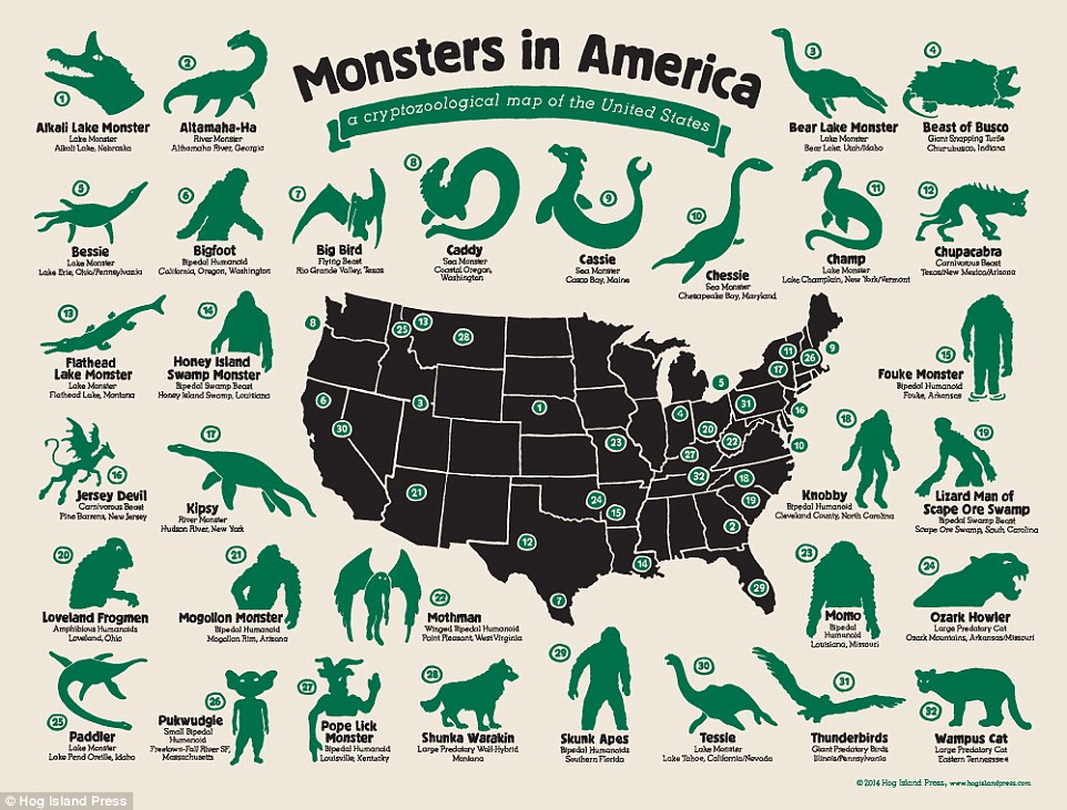目前,艺术家马克-埃德蒙最新绘制了一张曾在美国各州“出没活动”的怪兽分布图。例如:曾有人在德克萨斯州看到的“大鸟”,是一种类似猿类的长翅膀怪兽。其它怪兽还有西维