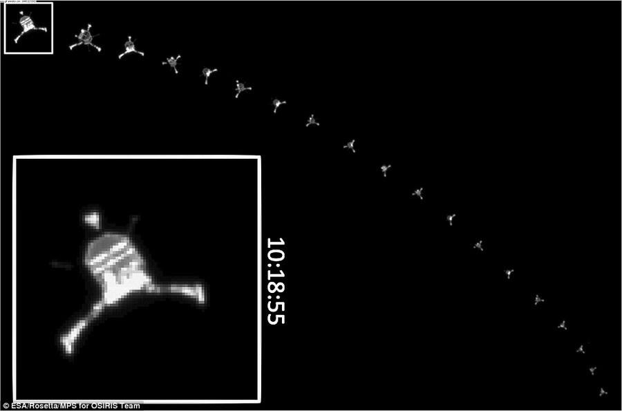 之前欧洲航天局仅公布了几张图像模糊的照片，最后的照片是由“罗塞塔号”飞船欧西里斯相机拍摄的，照片标注着拍摄时间(格林尼治标准时间)。