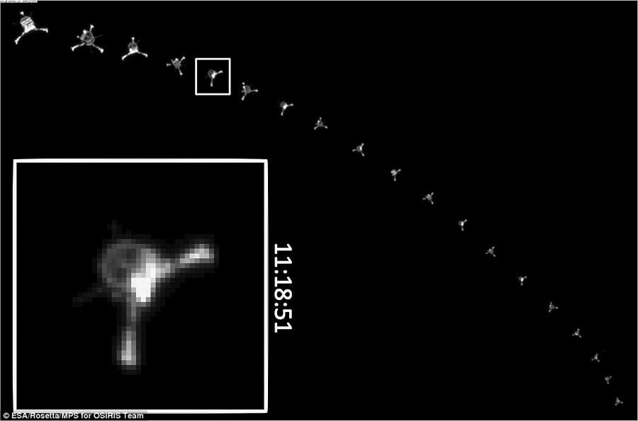 虽然迄今并未发现“菲莱”探测器精确的降落位置,早期图像表明该探测器是两个支架着陆。如图所示,这是“菲莱”降落的第5阶段。