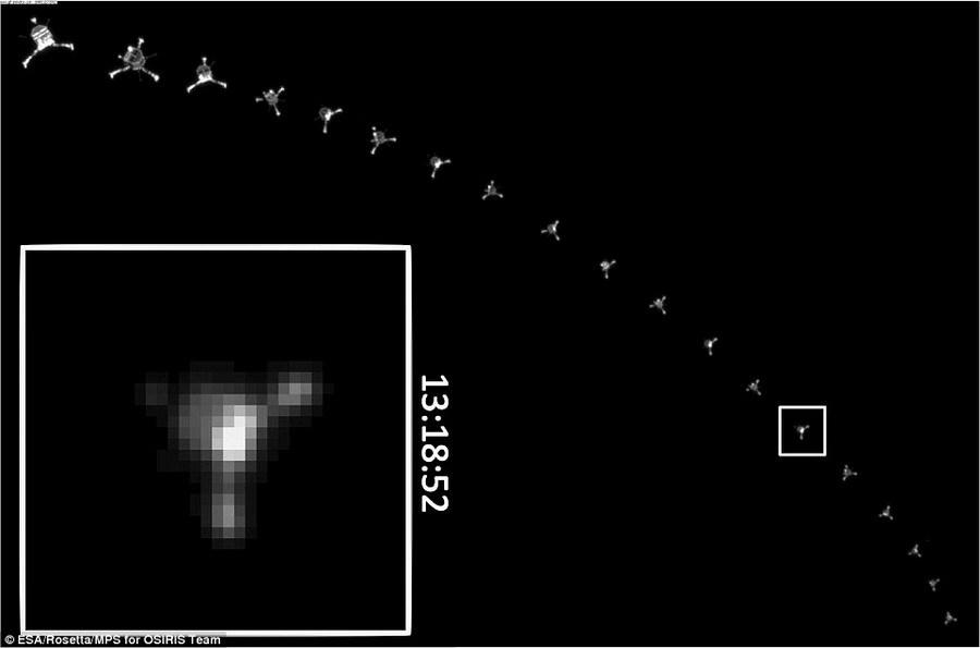 “菲莱”探测器首次建立联系是在拍摄这张照片之后的几个小时,它未能发射鱼叉状锚定装置,导致完全着陆之前两次“弹跳”。