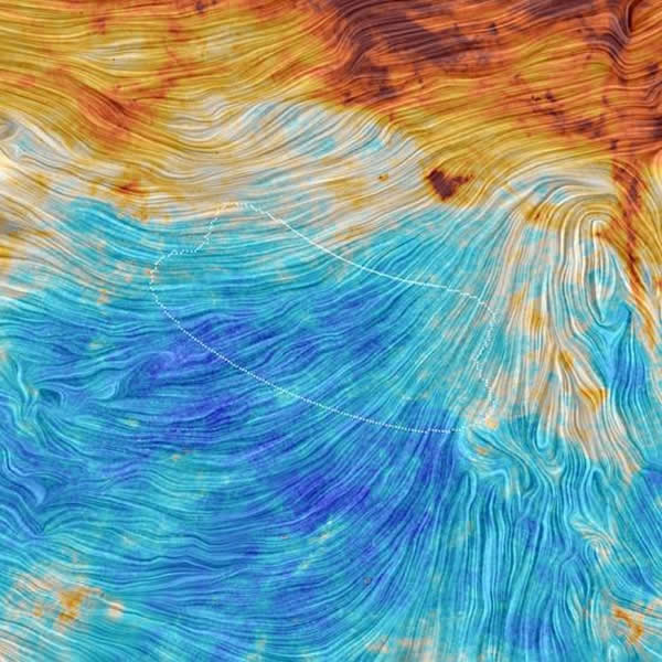 这是南部天空的一部分,大幅背景图是欧洲普朗克卫星获得的数据,其中用白点虚线圈出的小块天区则是去年南极 BICEP2望远镜观测天区区域。