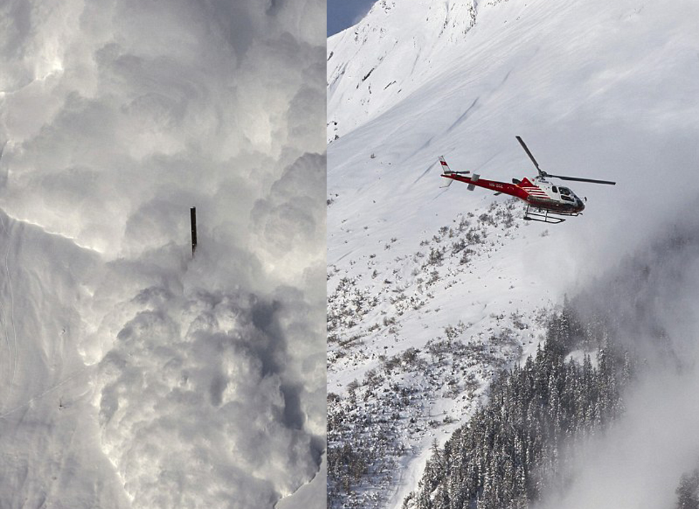 科学家们利用地震传感器记录可能引发雪崩的地面震动情况,右图是一架直升机正监测现场。