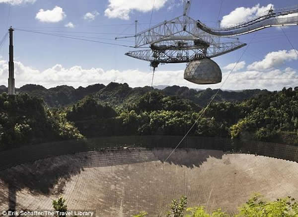 波多黎各阿雷西博天文台(照片显示)1974年发送出最大的射电望远镜信息。