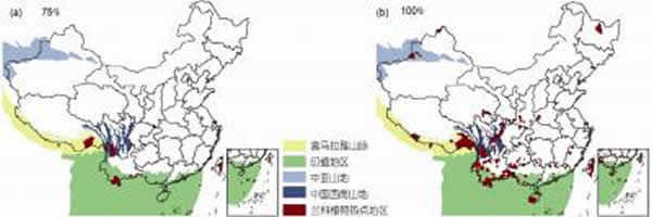 基于筛除算法确立的中国野生兰科植物分布的热点地区与全球生物多样性热点地区的空间关系