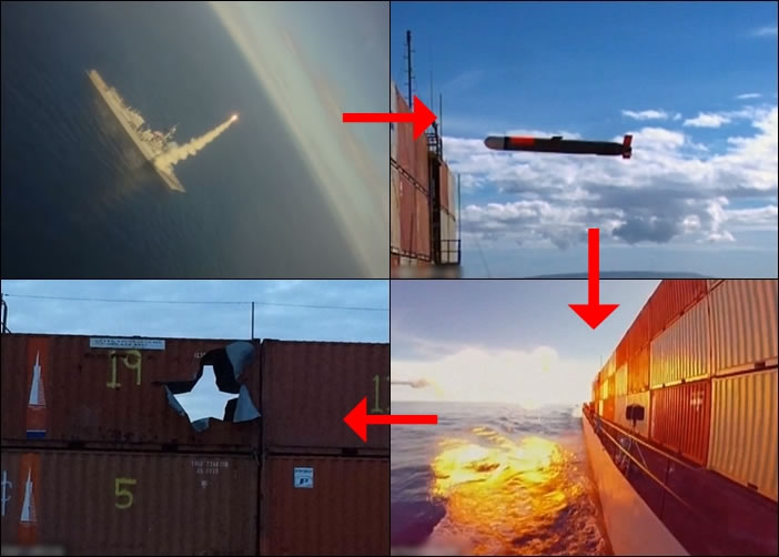 图为战斧发射(左上)、击中目标前(右上)、击中目标后(右下)及击中目标后的效果(左下)。